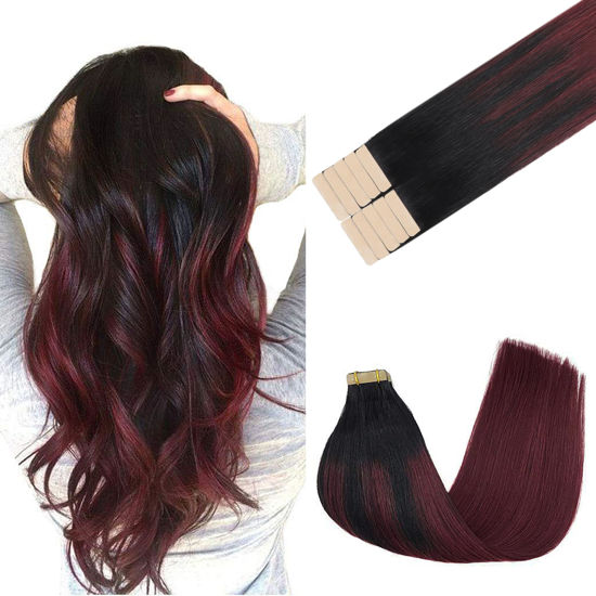 Picture of GOO GOO Tape in Hair Extensions Human Hair, 1/99 Balayage Jet Black to Red, 18inch 25g 10pcs, Thick Ends Straight Seamless Tape in, Invisible Tape in Hair Extensions Human Hair