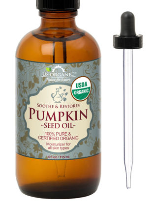 Picture of US Organic Pumpkin Seed Oil, USDA Certified Organic,100% Pure & Natural, Cold Pressed Virgin, Unrefined in Amber Glass Bottle w/Glass Eyedropper for Easy Application (Large (4 oz, 115 ml))