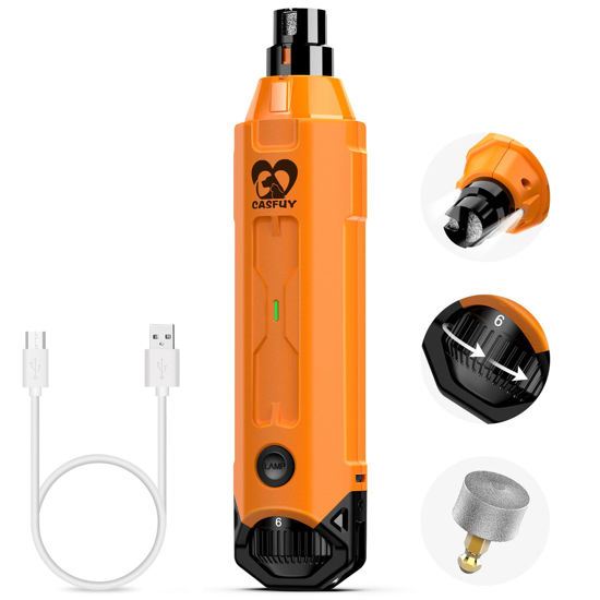 Picture of Casfuy 6-Speed Dog Nail Grinder - Newest Enhanced Pet Nail Grinder Super Quiet Rechargeable Electric Dog Nail Trimmer Painless Paws Grooming & Smoothing Tool for Large Medium Small Dogs (Orange)