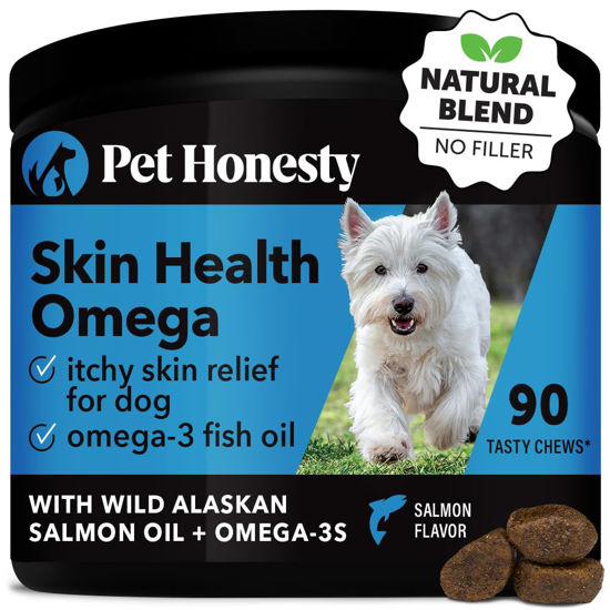 Picture of Pet Honesty Omega SkinHealth chews for Dogs, salmon oil, Omega 3 Fish Oil, Krill, Spirulina, Omega-3, Alaskan salmon oil, Healthy Skin & Coat, Itchy Skin, Dog Allergies, May Reduce Shedding (90 Count)