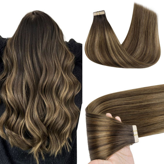 Picture of GOO GOO Tape in Hair Extensions Human Hair, 4D/14/5B Brunette Balayage, 10inch 30g 20pcs, Thick Ends Straight Seamless Tape in, Invisible Tape in Hair Extensions Human Hair