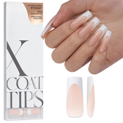 Picture of btartboxnails XCOATTIPS French Tip Nails - Extra Long Press On Nails, 160 Pcs Nude Soft Gel Nail Tips Square Pre-applied Tip Primer & Base Coat, No Need File False Nails for Nail Art DIY, 16 Sizes