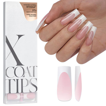 Picture of BTArtboxnails XCOATTIPS French Tip Nails - Extra Long Press On Nails, 160Pcs Pink Soft Gel Nail Tips Square Pre-applied Tip Primer & Base Coat, No Need File False Nails for Nail Art DIY, 16 Sizes