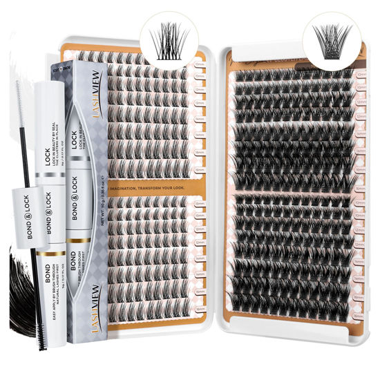 Picture of LASHVIEW Lash Clusters Kit D Curl Eyelash Extension Clusters with Lash Bond and Seal Natural Look Cluster Lashes Extensions Super Thin Band & Soft Cluster Lashes Reusable 9-16mm MIX(style5&56D)