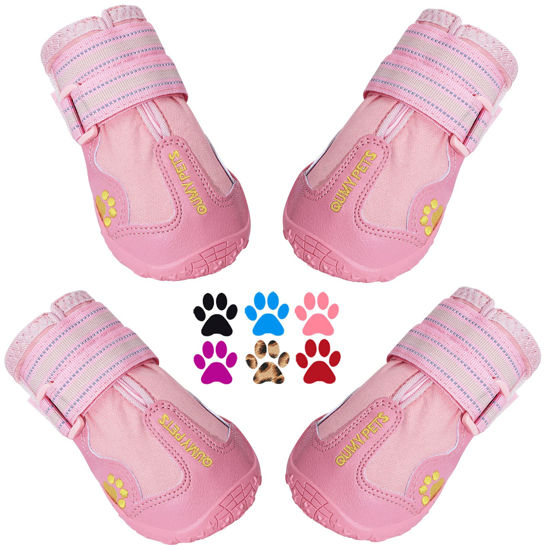 Picture of QUMY Dog Shoes for Large Dogs, Medium Dog Boots & Paw Protectors for Winter Snowy Day, Summer Hot Pavement, Waterproof in Rainy Weather, Outdoor Walking, Indoor Hardfloors Anti Slip Sole Pink 4