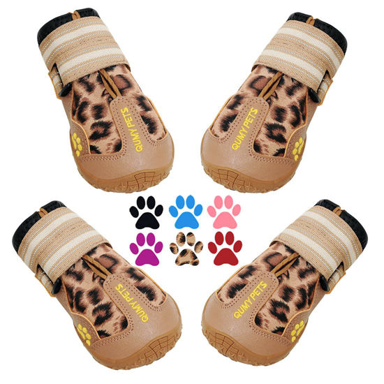 Picture of QUMY Dog Shoes for Large Dogs, Medium Dog Boots & Paw Protectors for Winter Snow Day, Summer Hot Pavement, Waterproof in Rain Weather, Outdoor Walking, Indoor Hardfloors Anti Slip Sole Leopard Size 3