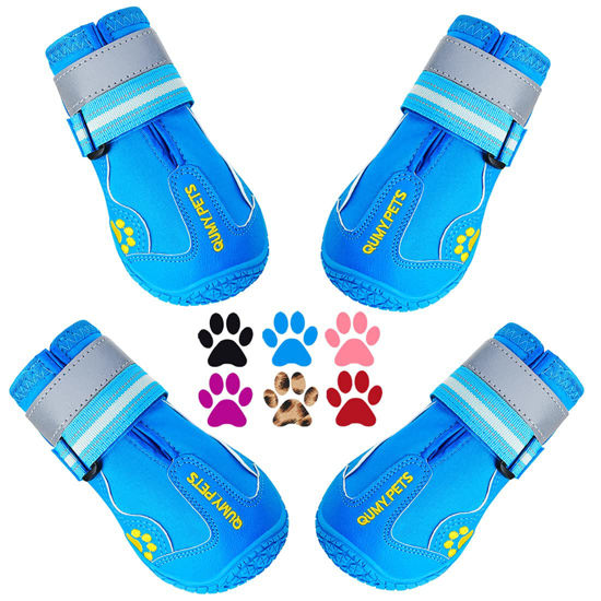 Picture of QUMY Dog Shoes for Large Dogs, Medium Dog Boots & Paw Protectors for Winter Snowy Day, Summer Hot Pavement, Waterproof in Rainy Weather, Outdoor Walking, Indoor Hardfloors Anti Slip Sole Blue 4