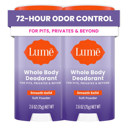 Picture of Lume Whole Body Deodorant - Smooth Solid Stick - 72 Hour Odor Control - Aluminum Free, Baking Soda Free and Skin Safe - 2.6 Ounce (Pack of 2) (Soft Powder)