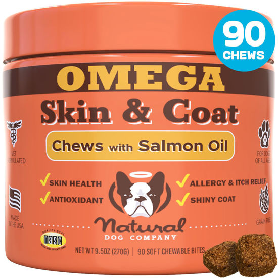 Picture of Natural Dog Company Skin & Coat Chews, Salmon & Peas Flavor, Dog Vitamins and Supplements for Healthy Skin & Coat, Itch Relief for Dogs with Allergies, with Biotin, Vitamin E, Omega 3, Antioxidant