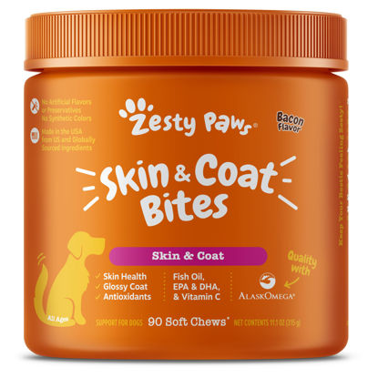 Picture of Zesty Paws Skin & Coat Bites for Dogs - Fish Oil Soft Chews with Omega-3 Fatty Acids EPA & DHA - Skin, Coat, Antioxidant & Immune Support - Bacon - 90 Count