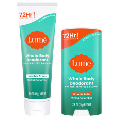 Picture of Lume Whole Body Deodorant - Invisible Cream and Solid - 72 Hour Odor Control - Aluminum Free, Baking Soda Free, Skin Safe - 3.0 Ounce Cream and 2.6 Ounce Solid Bundle (Minted Cucumber)