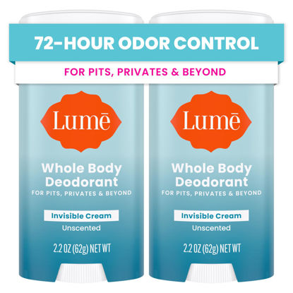 Picture of Lume Whole Body Deodorant - Invisible Cream Stick - 72 Hour Odor Control - Aluminum Free, Baking Soda Free, Skin Safe - 2.2 Ounce (Pack of 2) (Unscented)