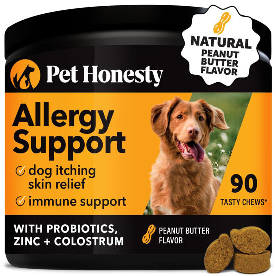 Picture of Pet Honesty Allergy Itch Relief for Dogs - Dog Allergy Support Immunity Supplement - Dog Allergy Chews, Probiotics for Dogs, Seasonal Allergies, Skin and Coat Supplement - Peanut Butter (90ct)