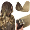 Picture of GOO GOO Tape in Hair Extensions Human Hair, 4/18 Balayage Chocolate Brown Highlighted Dirty Blonde, 10inch 30g 20pcs, Thick Ends Straight Seamless, Invisible Tape in Hair Extensions Human Hair