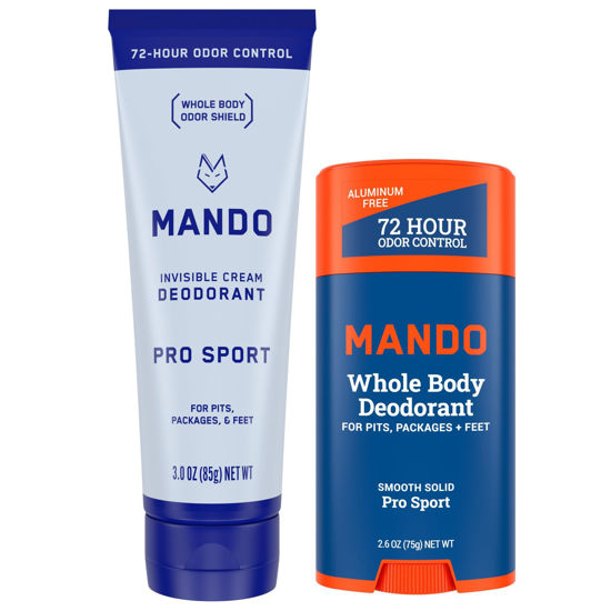 Picture of Mando Whole Body Deodorant - Invisible Cream and Solid Formulas - 72 Hour Odor Control - Aluminum & Baking Soda Free - Skin Safe - 3 oz Cream & 2.6 oz Solid Bundle - Pro Sport