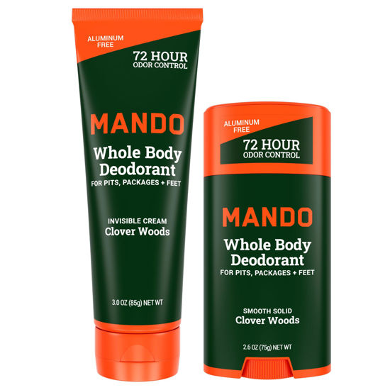 Picture of Mando Whole Body Deodorant - Invisible Cream Tube and Solid Stick - 72 Hour Odor Control - Aluminum Free, Baking Soda Free, Skin Safe - 3.0 Oz Tube and 2.6 Oz Solid Stick - Clover Woods