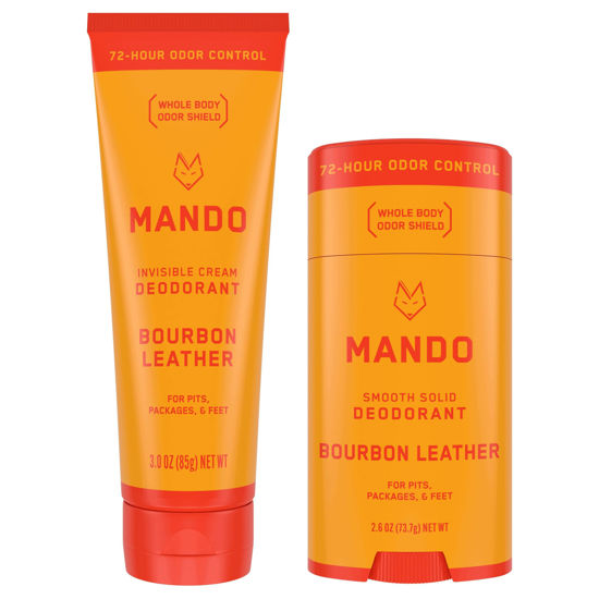 Picture of Mando Bourbon Leather Body Deodorant - 72 Hour Odor Control, Aluminum Free, Baking Soda Free - 3.0 Oz Tube and 2.6 Oz Solid Stick