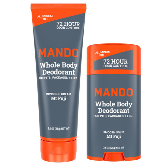 Picture of Mando Whole Body Deodorant - Invisible Cream Tube and Solid Stick - 72 Hour Odor Control - Aluminum Free, Baking Soda Free, Skin Safe - 3.0 Ounce Tube and 2.6 Ounce Solid Stick Bundle - Mt Fuji