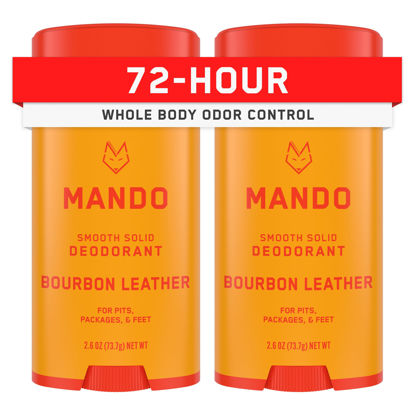 Picture of Mando Whole Body Deodorant For Men - Smooth Solid Stick - 72 Hour Odor Control - Aluminum Free, Baking Soda Free, Skin Safe - 2.6 Ounce (Pack of 2) - Bourbon Leather