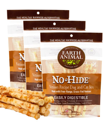 Picture of Earth Animal No Hide Stix Venison Flavored Natural Rawhide Free Dog Chews Long Lasting Dog Chew Sticks | Dog Treats for Small Dogs and Cats | Great Dog Chews for Aggressive Chewers (3 Pack)