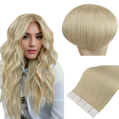 Picture of Full Shine Blonde Invisible Tape in Hair Extensions Human Hair 14Inch Virgin Hair Extensions Human Hair Color 60 Platinum Blonde Hair Extensions Machine Remy Real Human Hair Double Sided 25 Gram 10Pcs