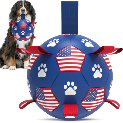 Picture of QDAN Dog Toys Soccer Ball with Straps - Durable Dog Balls for Extra Large Dogs, Beach Pool Dog Water Toy, Puppy Dog Birthday Gifts, Herding Balls for Dog (9 Inch)