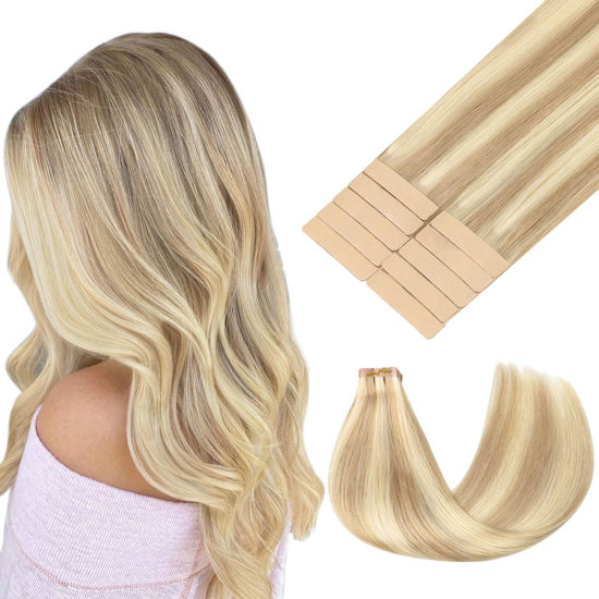 Picture of GOO GOO Tape in Hair Extensions Human Hair, 18A/613A Dark Blonde Highlighted Bleach Blonde, 18inch 25g 10pcs, Thick Ends Straight Seamless Tape in, Invisible Tape in Hair Extensions Human Hair