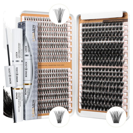 Picture of LASHVIEW Lash Clusters Kit D Curl Eyelash Extension Clusters with Lash Bond and Seal Natural Look Cluster Lashes Extensions Super Thin Band & Soft Cluster Lashes Reusable 9-16mm MIX(style30&40&56D)