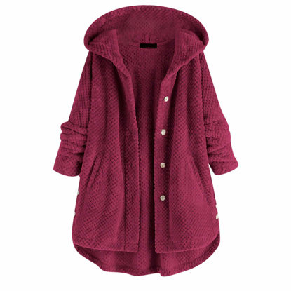 Picture of KASAAS Women's Winter Coats Plus Size Oversized Sherpa Jacket with Hood Pockets Buttons Fall Jacket Warm Clothes Outerwear