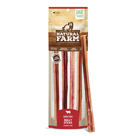 Picture of Natural Farm Odor-Free Bully Sticks (12”, 8oz) All-Natural Long-Lasting Chews, 100% Beef Pizzle, Grass-Fed, Grain-Free, Hormone-Free, Protein for Muscle Development & Energy, Perfect for Large Dogs