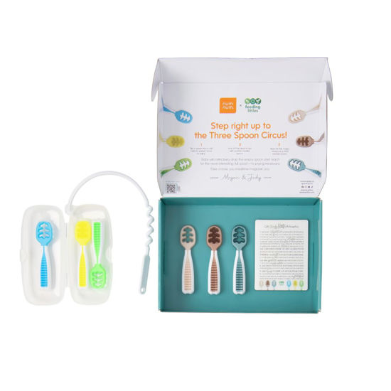 Picture of NumNum GOOtensil Pre-Spoons x Feeding Littles | 6 Baby Spoon Set (Stage 1 + Stage 2) | BPA Free Silicone Self Feeding Toddler Utensils | for Kids Ages 6 Months+, Gift Set - Travel Case + 6 Spoons