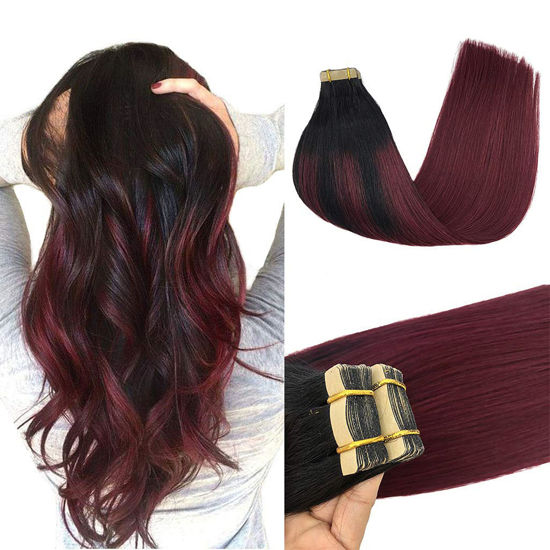 Picture of GOO GOO Tape in Hair Extensions Human Hair, 1/99 Balayage Jet Black to Red, 12inch 40g 20pcs, Thick Ends Straight Seamless Tape in, Invisible Tape in Hair Extensions Human Hair