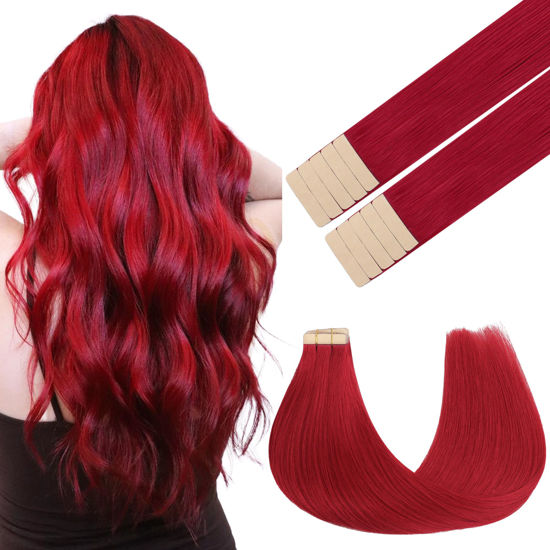 Picture of GOO GOO Tape in Hair Extensions Human Hair, Red, 18inch 25g 10pcs, Colored Tape ins Human Hair Extensions, Silky&Soft Invisible Tape Ins, Hair Highlighted for Party