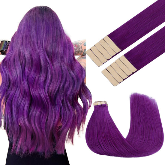 Picture of GOO GOO Tape in Hair Extensions Human Hair, Purple, 18inch 25g 10pcs, Colored Tape ins Human Hair Extensions, Silky&Soft Invisible Tape Ins, Hair Highlighted for Party