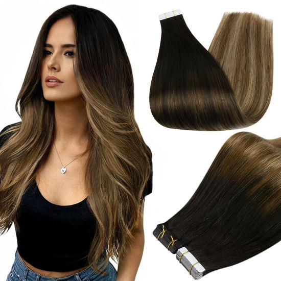 Picture of Full Shine Black And Blonde Tape in Hair Extensions Human Hair 14 Inch Tape in Extensions Black To Brown Mixed Blonde Glue Human Hair Extensions Pu Seamless Skin Weft Tape Extensions 50 Gram 20 Pcs