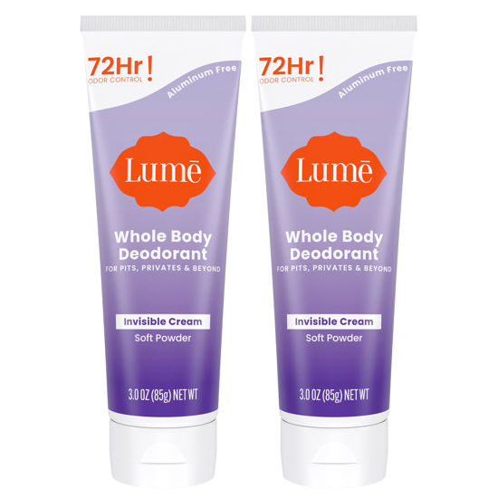 Picture of Lume Whole Body Deodorant - Invisible Cream Tube - 72 Hour Odor Control - Aluminum Free, Baking Soda Free, Skin Safe - 3.0 ounce (Pack of 2) (Soft Powder)