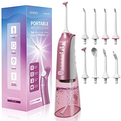 Picture of ATMOKO Water Flosser Cordless, Portable Dental Oral Irrigator for Teeth, 3 Modes and 8 Jet Tips, IPX7 Waterproof, USB Charged 4 Hrs for 30-Days Use, Home, Travel, Braces, Bridges Care, Pink