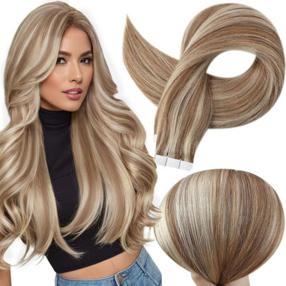 Picture of Full Shine Tape in Hair Extensions 14 Inch Skin Weft Tape Hair Extensions Real Human Hair 10 Golden Brown Highlighted 613 Bleach Blonde Tape in Extensions Straight Soft Hair 50 Gram 20 Pcs