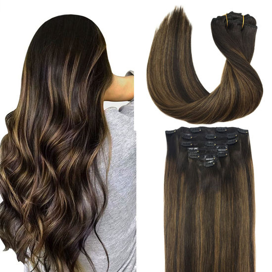 Picture of GOO GOO Clip in Hair Extensions Real Human Hair, Remy Human Hair Extensions Clip ins for Women, Natural Human Hair, 12inch 85g 7Pcs, 2/6/2 Balayage Dark Brown to Chestnut Brown