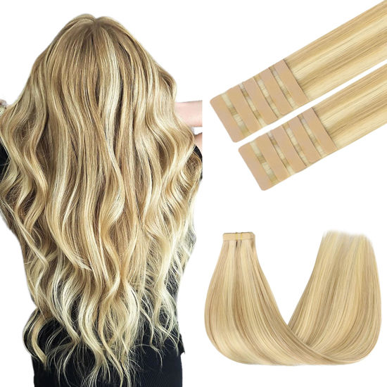 Picture of GOO GOO Tape in Hair Extensions Human Hair, 18D/22F Dirty Blonde Highlights, 22inch 30g 10pcs, Thick Ends Straight Seamless Tape in, Invisible Tape in Hair Extensions Human Hair