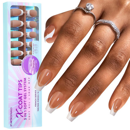 Picture of French Tip Gel Nail Tips - BTArtboxnails Modern French 3 in 1 X-coat Tips Press On Nails Short, 320pcs Brown Coffin Fake Nails, Pre-applied Tip Primer & Base Coat, No Need File False Nails for DIY