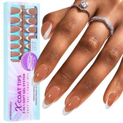 Picture of French Tip Gel Nail Tips - BTArtboxnails Modern French 3 in 1 X-coat Tips Press On Nails Medium, 300pcs Brown Almond Fake Nails, Pre-applied Tip Primer & Base Coat No Need File False Nails for DIY