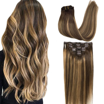 Picture of GOO GOO Clip in Hair Extensions Real Human Hair, Remy Human Hair Extensions Clip ins for Women, Natural Human Hair, 12inch 85g 7Pcs, 4/27/4 Balayage Chocolate Brown to Caramel Blonde