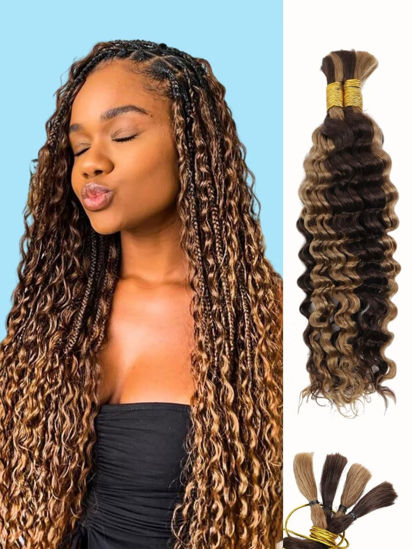 Picture of Ombre Braiding Hair 100g 14 Inch Deep Water Wave 2 Bundle Bulk Human Hair for Braiding 10A Brazilian Virgin Highlight Curly Hair Extensions for Boho Braids Wet and Wavy Honey Blonde Braiding Hair