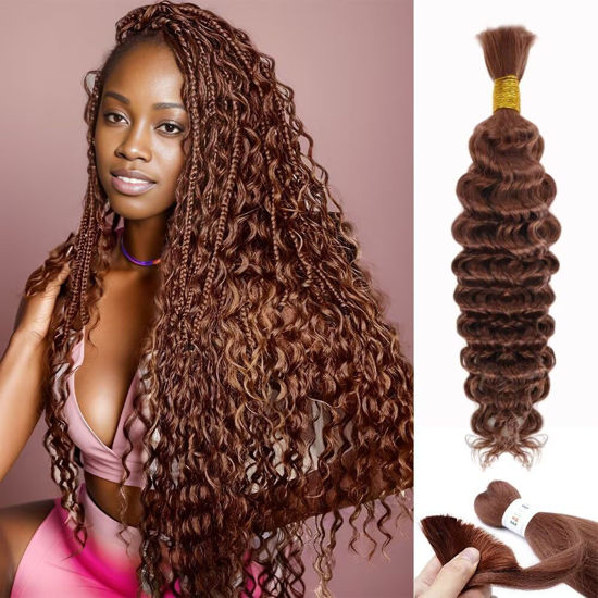 Picture of Brown Braiding Hair 1 Bundle 50g 24 Inch Color 30 Braiding Hair Deep Wave Human Hair Braiding Hair Water Wave Bulk Human Hair for Braiding 100% 10A Brazilian Auburn Human Bariding Hair for Boho Braids