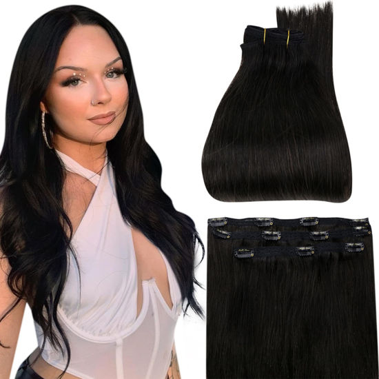 Picture of Full Shine Real Hair Clip in Extensions Natural Black Human Hair Clip ins Remy Double Weft Clip in Hair Extensions Off Black 3Pcs 16Inch 60Grams Clip in Straight Human Hair