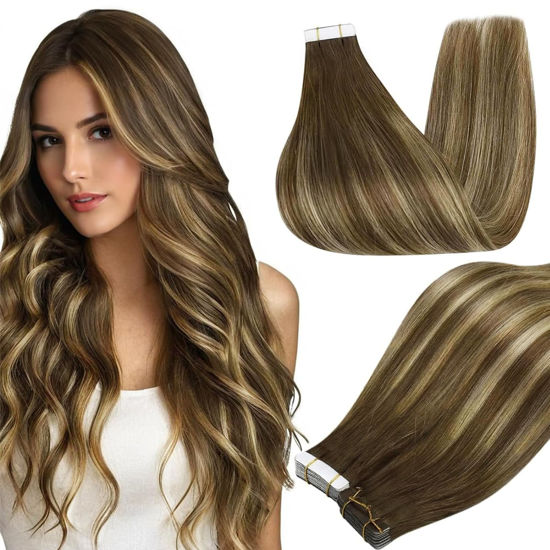 Picture of Full Shine Tape in Hair Extensions Human Hair 14 Inch Double Sided Tape in Extensions Medium Brown to Light Blonde Balayage Tape in Human Hair Extensions 20 Pcs 50 Gram Skin Weft Tape Extensions