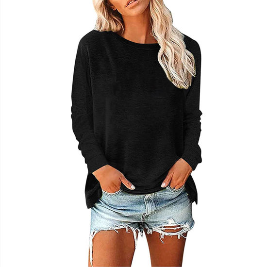 Picture of Women's Tunic Tops 2023 Trendy Raglan Long Sleeves T-Shirts Solid Color/Christmas Graphic Tees Sweatshirts Pullover Hot Style Black Small