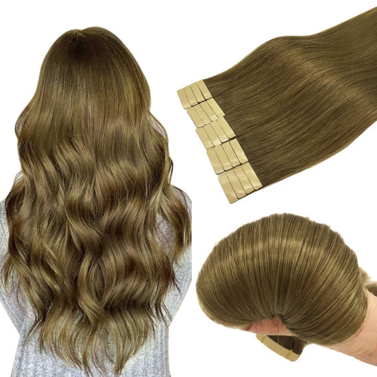 Picture of DOORES Hair Extensions Tape in Human Hair, Medium Brown 14 Inch 50g 20pcs, Tape in Human Hair Extensions Straight Remy Hair Double Side Tape Seamless Extensions