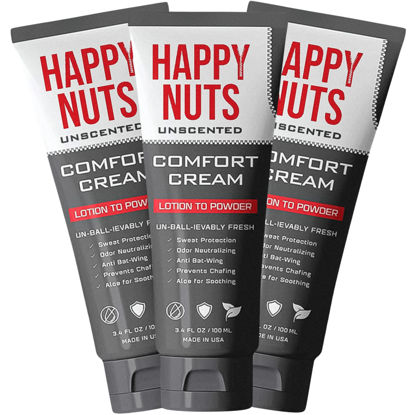 Picture of HAPPY NUTS Comfort Cream Deodorant For Men: Anti-Chafing Sweat Defense, Odor Control, Aluminum-Free Mens Deodorant & Hygiene Products for Men's Private Parts 3.4 oz.(3 Pack, Unscented)